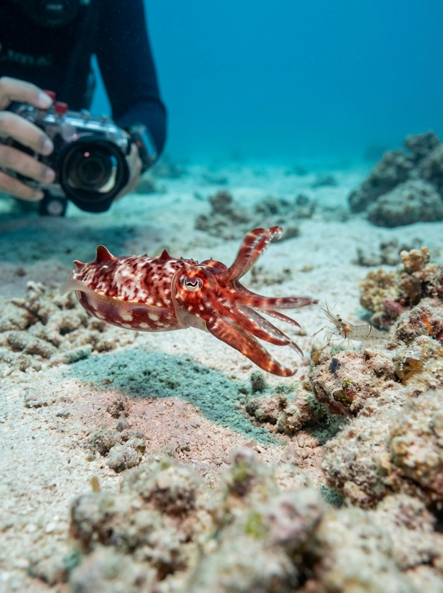 Underwater flame squid captured with macro smartphone lens